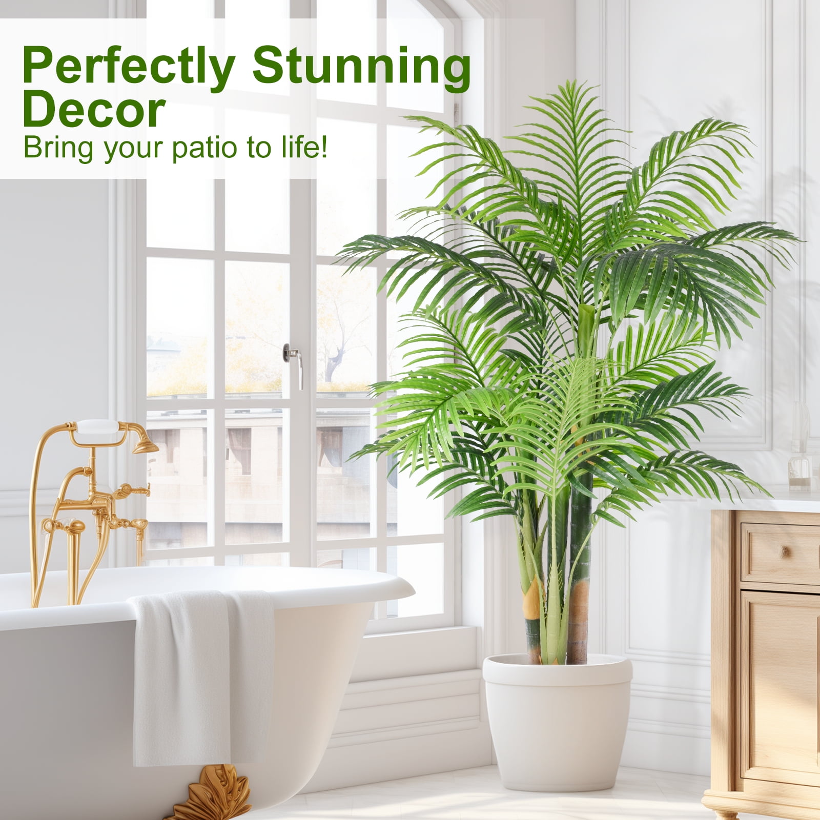 Keeplush 5FT Artificial Golden Cane Palm Tree– Indoor Large Fake Palm Tree, Lifelike Faux Plant with Textured Trunks & Flexible Fronds, No-Water Maintenance Silk Tree for Home Office Decor