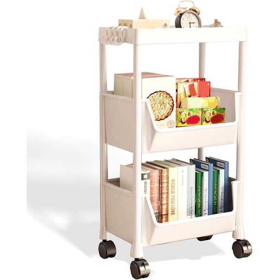 Colorfish 3-Tier Rolling Storage Cart Open-Style Mobile Organizer Shelf with Wheels and Hooks Off-White