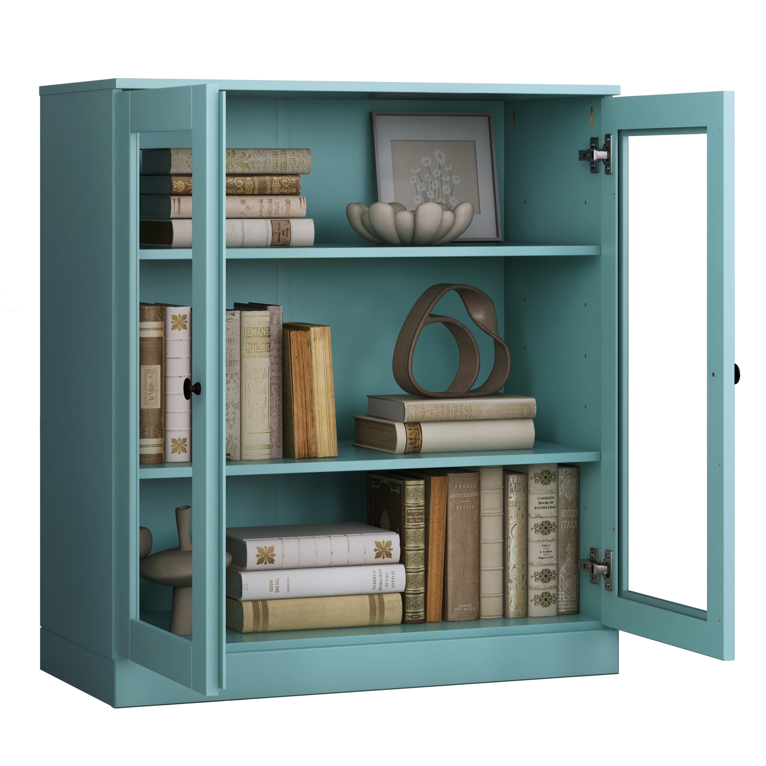 Palace Imports 100% Solid Wood 3-shelf Bookcase with Adjustable Shelves and Glass Doors, Aqua Blue