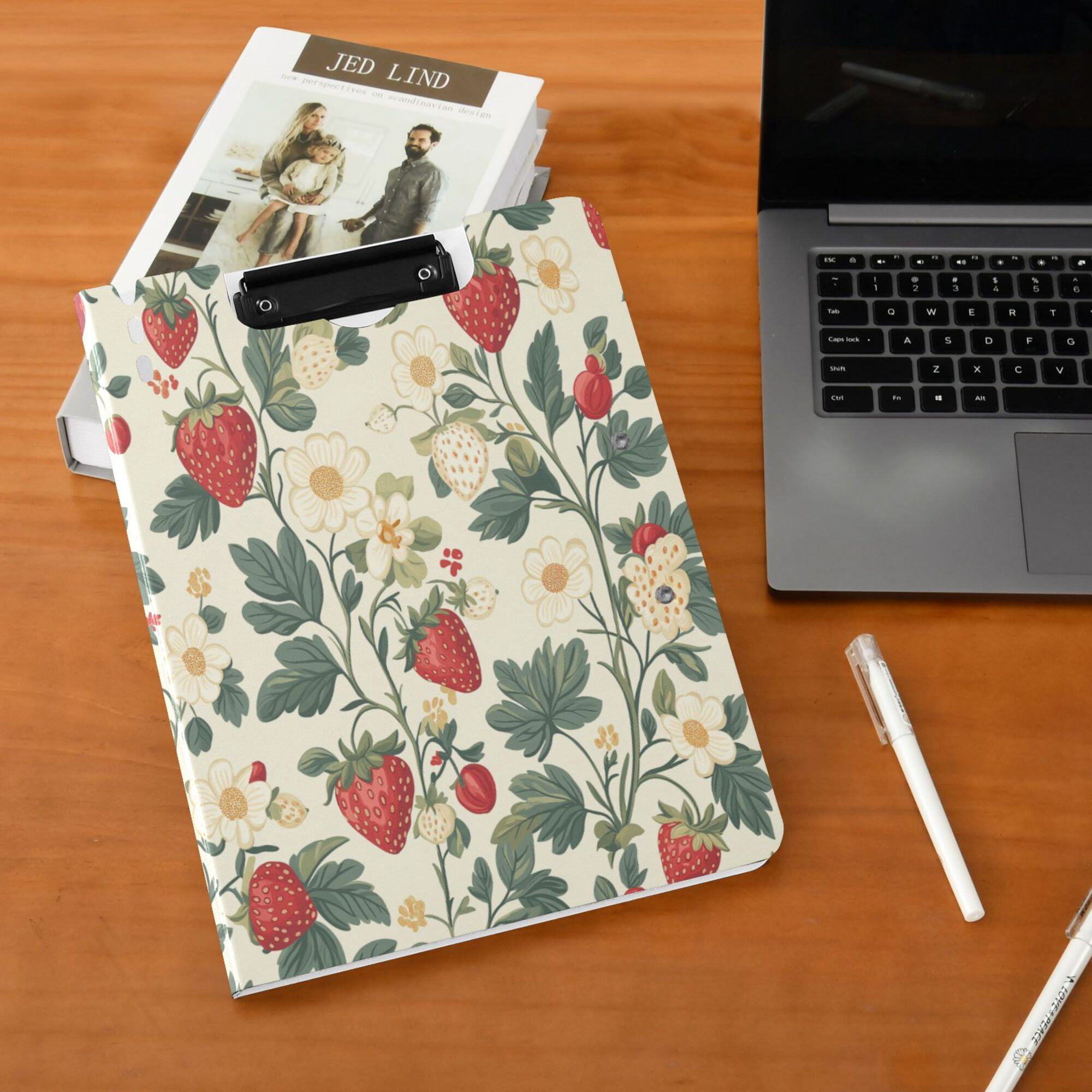 FORMRS A4 Clipboard Folder with Pen Holder Horizontal Foldable School Office Binder, Small Strawberry Pattern