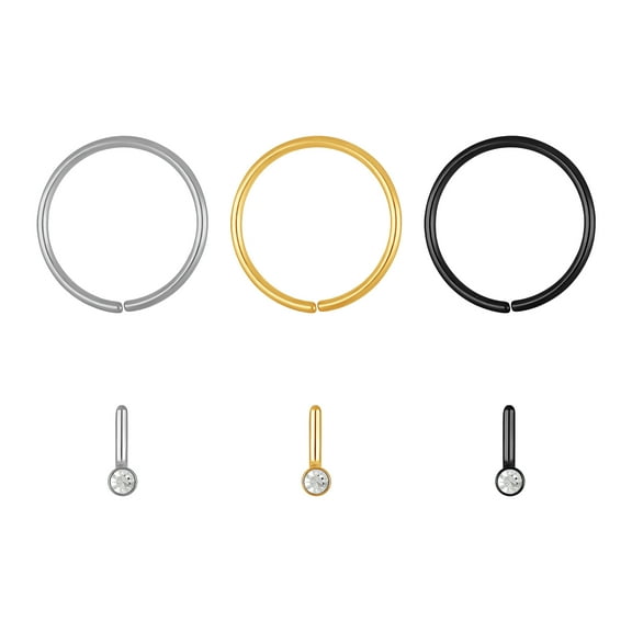 Tri Tone Stud & Hoop Nose Ring Set, Silvertone/Stainless Steel, 6-Piece