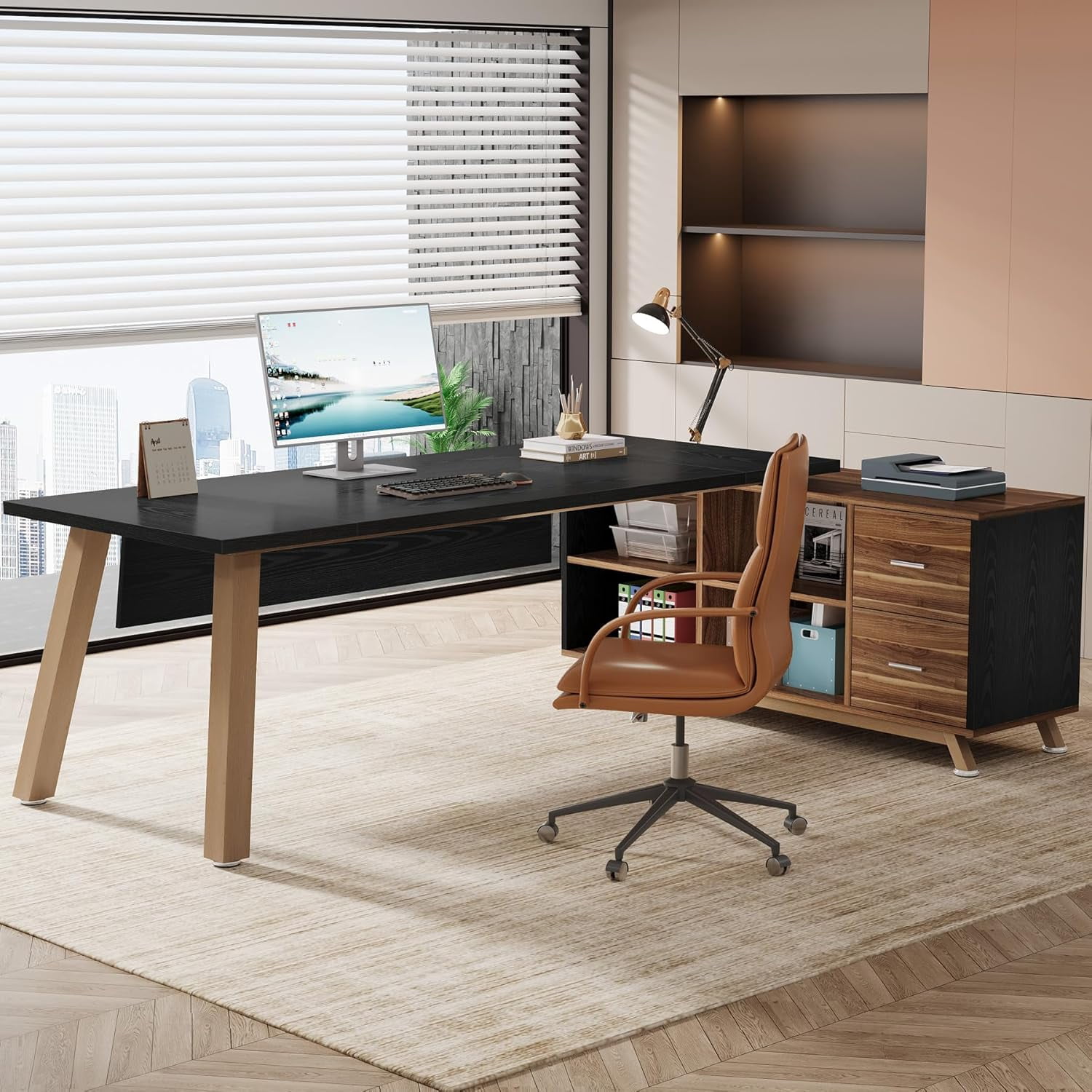 Finmind 71-Inch L-Shaped Executive Desk with 55-Inch Cabinet, Modern Office Computer Desk, Walnut & Black