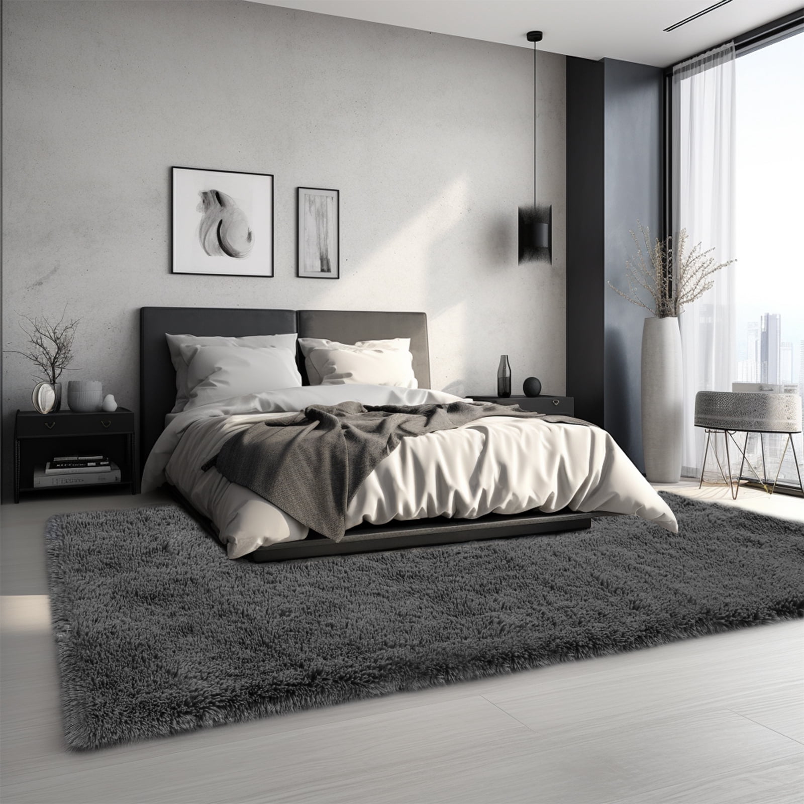 Solid Color Fluffy Rugs, Non-slip Soft Shaggy Floor Carpet Mats & Rugs for Room Decor, Washable Non-slip Modern Area Rug, Modern-style Decorative Carpets for Home Livingroom Bedroom, Dark Gray