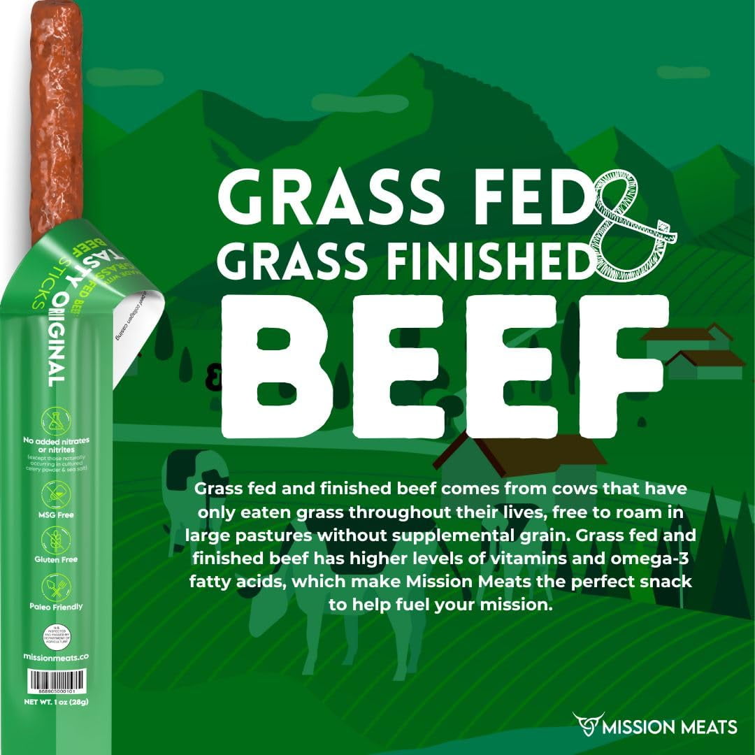Mission Meats Beef Sticks – 100% Grass Fed & Pasture Raised, Sugar Free, Individually Wrapped Healthy Snacks, Whole 30 & Paleo, Original 1oz (12ct)