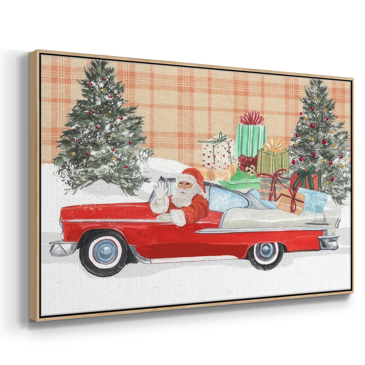 Santa on Wheels II - Framed Gallery Wrapped Holiday Canvas - 17 x 25 - Natural Wood Frame