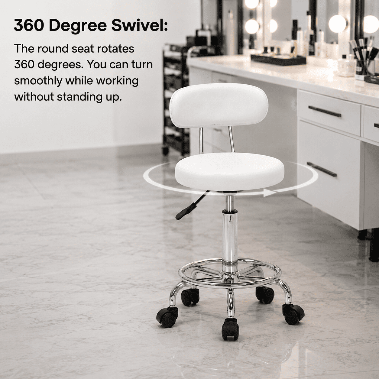 Alvantor Adjustable Height Salon Stool with Backrest and Rolling Wheels, White