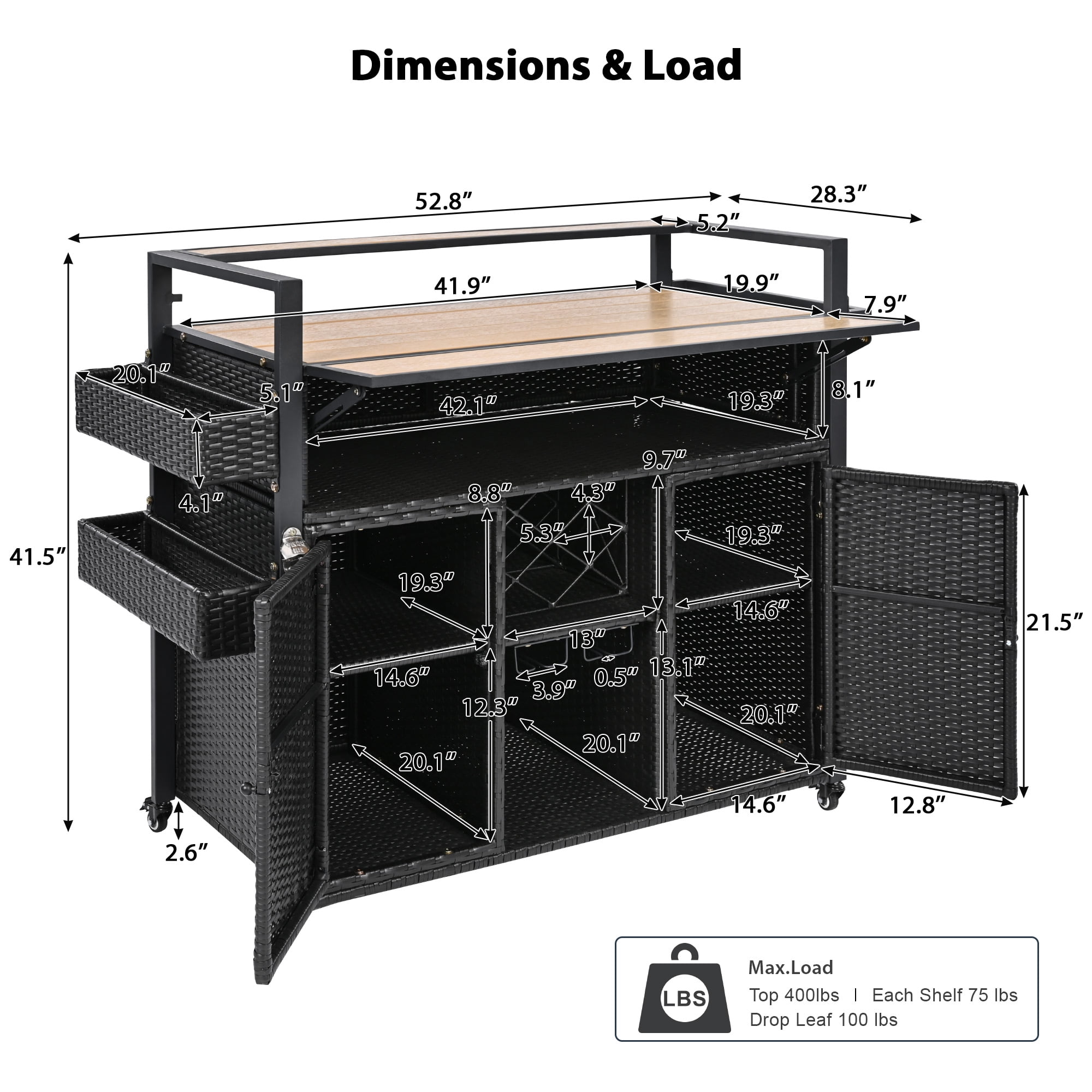 Outdoor Grill Cart 52.8 Inch W, Wicker Structure with Extended Plastic Wood Table Top for Patio Backyard, Black Brown