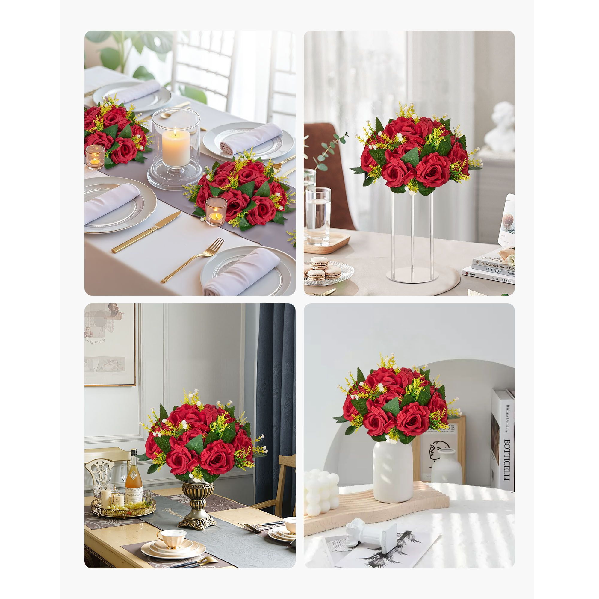 Artificial Flower Balls 10-Pack, 9.5 Inch Silk Rose Centerpieces, Half-Sphere with Stable Bases, Dense Blooms, Fade-Resistant for Wedding Party Table Decor