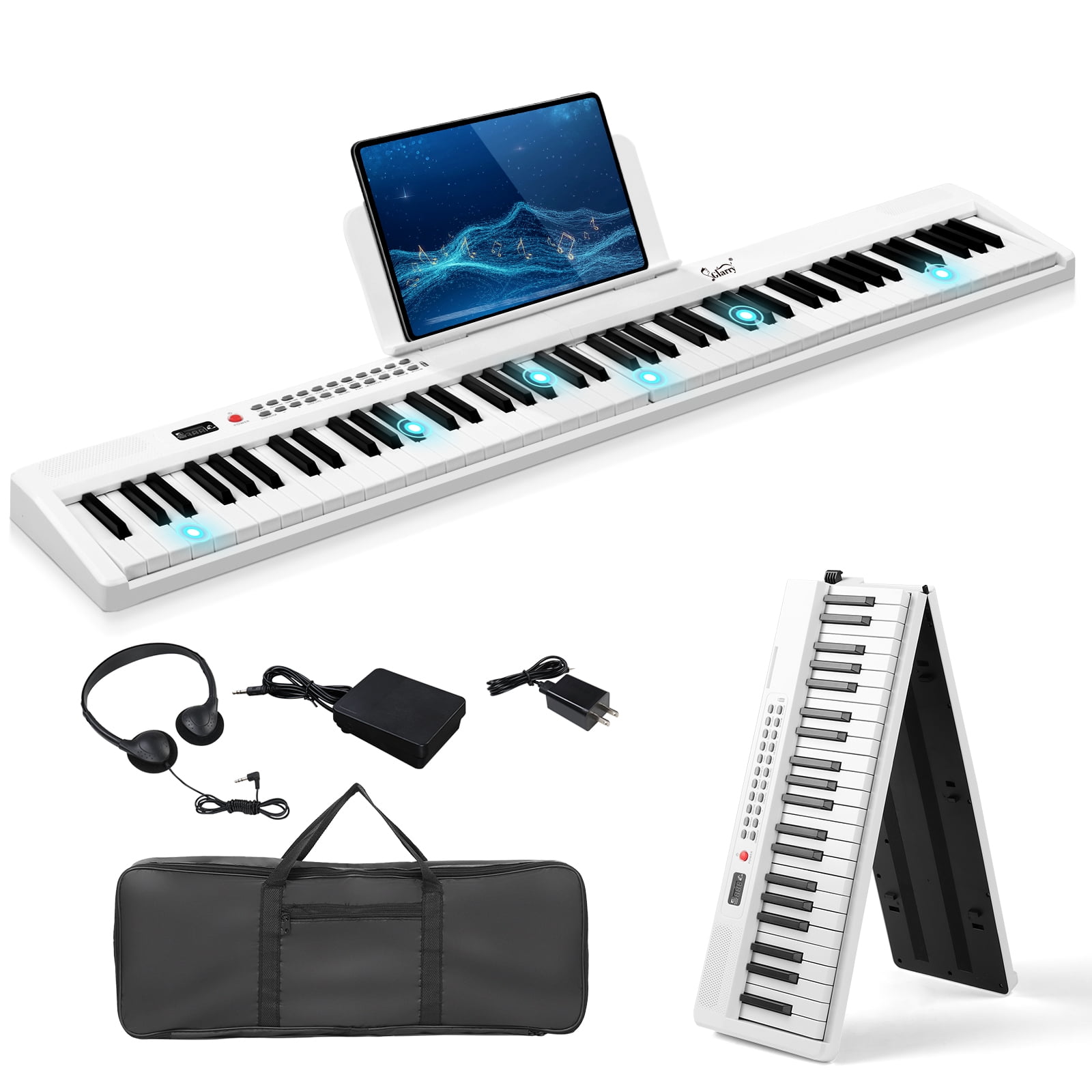 Glarry 88 Keys Folding Keyboard Piano, Semi-Weighted Standard Digital Piano with Handbag,Headphone White