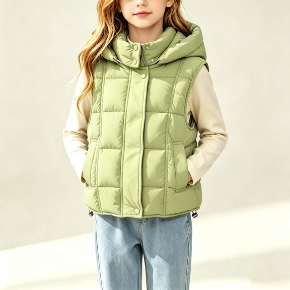 LOINRODI Girls Puffer Vest, Sleeveless Snap Button Quilted Hooded Warm Padded Outerwear for Cold Weather Green Size 7-8