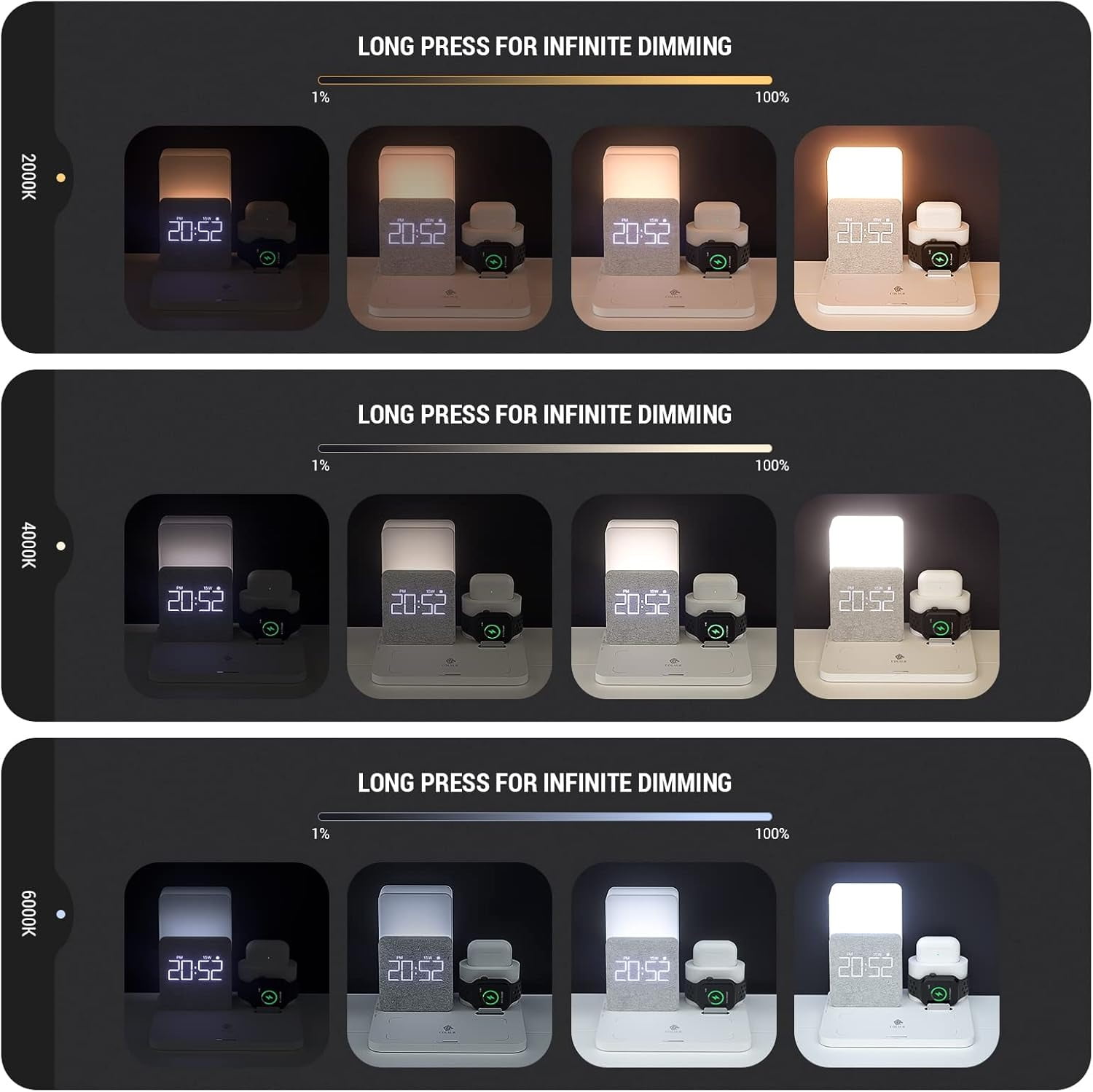 15W 3-in1 Wireless Charger Compatible iPhone 16/15/14/13/15, Apple Watch, AirPods – Fast Charging Dock w/Alarm Clock & Night Light White + 18W Adapter