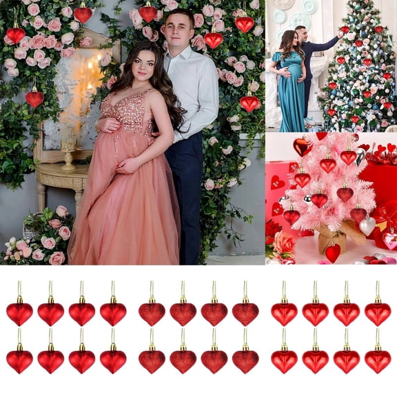 24Pcs Valentine's Day Red Heart Ornaments, 2.4x1.8 Inch Shatterproof Baubles for Tree Decoration, Matte Glossy Glitter Hearts for Wedding Anniversary Party Wreath DIY Crafts, Romantic Hanging Decor