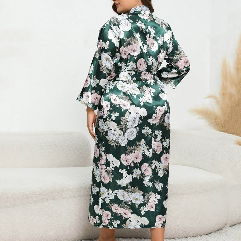 Xysaqa Women's Floral Satin Robe Trendy Nightgown Plus Size Long Sleeve  House Dress Sleepwear Ladies Long Kimonos Bathrobe Bridal Dressing Gown 3X  4X 5X - Walmart.com