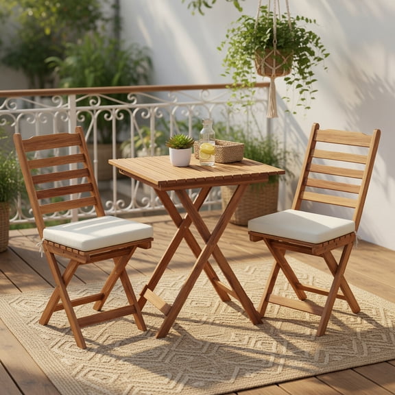 GVN Backyard Furniture Sets,Outdoor Furniture Sets,Folding Chair Table Set with Soft Seat Cushions and Table-White