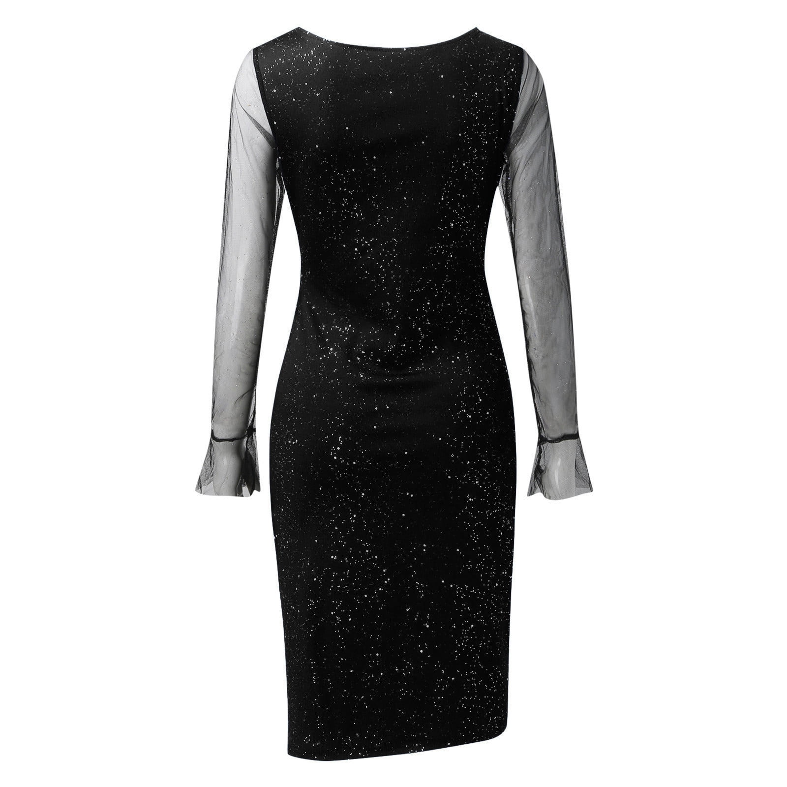 JIANJIA Casual Dresses For Womens Solid Color Sexy See Through Mesh Sheer Long Sleeve Bodycon Party Cocktail Dress Activewear,Black,L