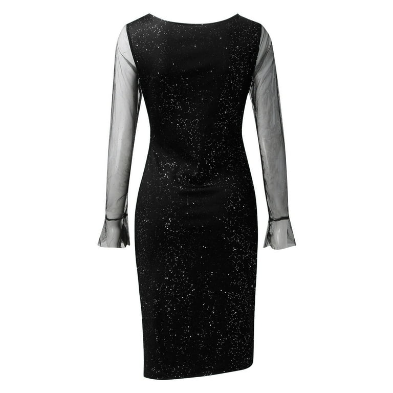 Yuanlong Womens Glitter Dress V-Neck Sheer Long Sleeve Thigh Slit Bodycon  Midi Gown Chic Outfit For Valentine Dinner Dates - Walmart.com