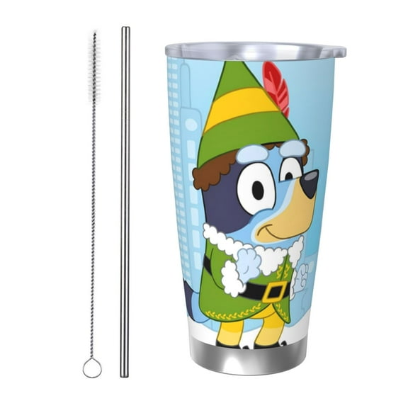 Masiiu Bluey Print 20OZ Car Cup for Travel, Insulated Stainless Steel Cup, Leak-Proof Lid with Straw and Direct Drinking Opening-Straw Two-piece Set