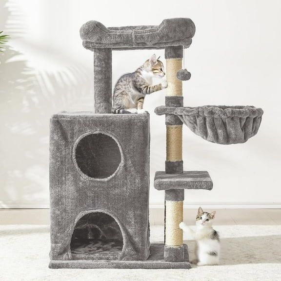 Multi-Level Cat Tree Tower for Large Cats with Scratching Posts, Condos, Perch, Hammocks & Toys, Cat Jungle Gym for Indoor Cats, Ideal for Multi-Cat Households, Grey