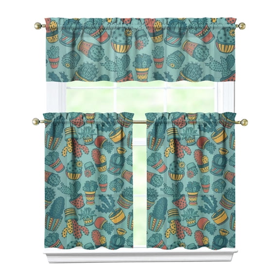 Boho Cactus Kitchen Curtains Set of 3 - Southwestern Succulent Tier Curtains with Rod Pocket for Small Windows (White Semi-Sheer)