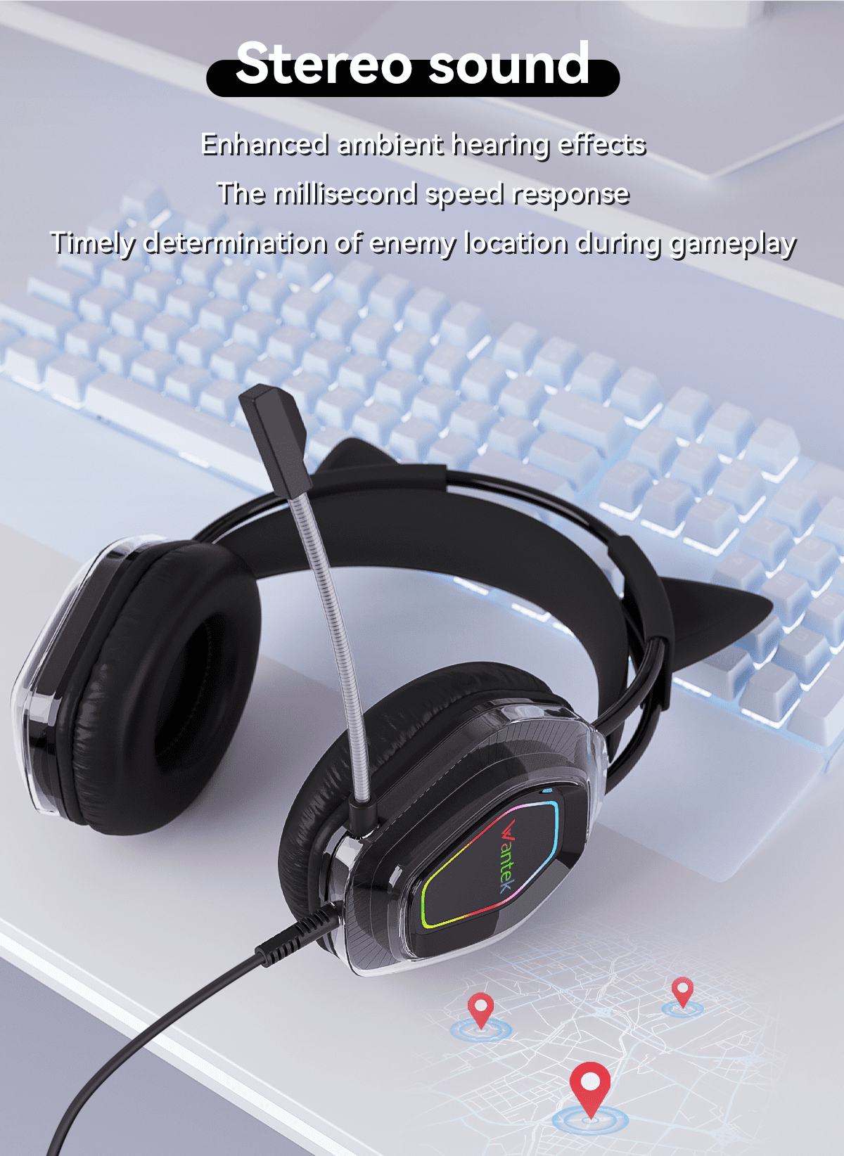 Wantek V10 Cat Ear Style Gaming Headset with comfortable fit and vibrant RGB lighting, Hi-Fi Sound - Black