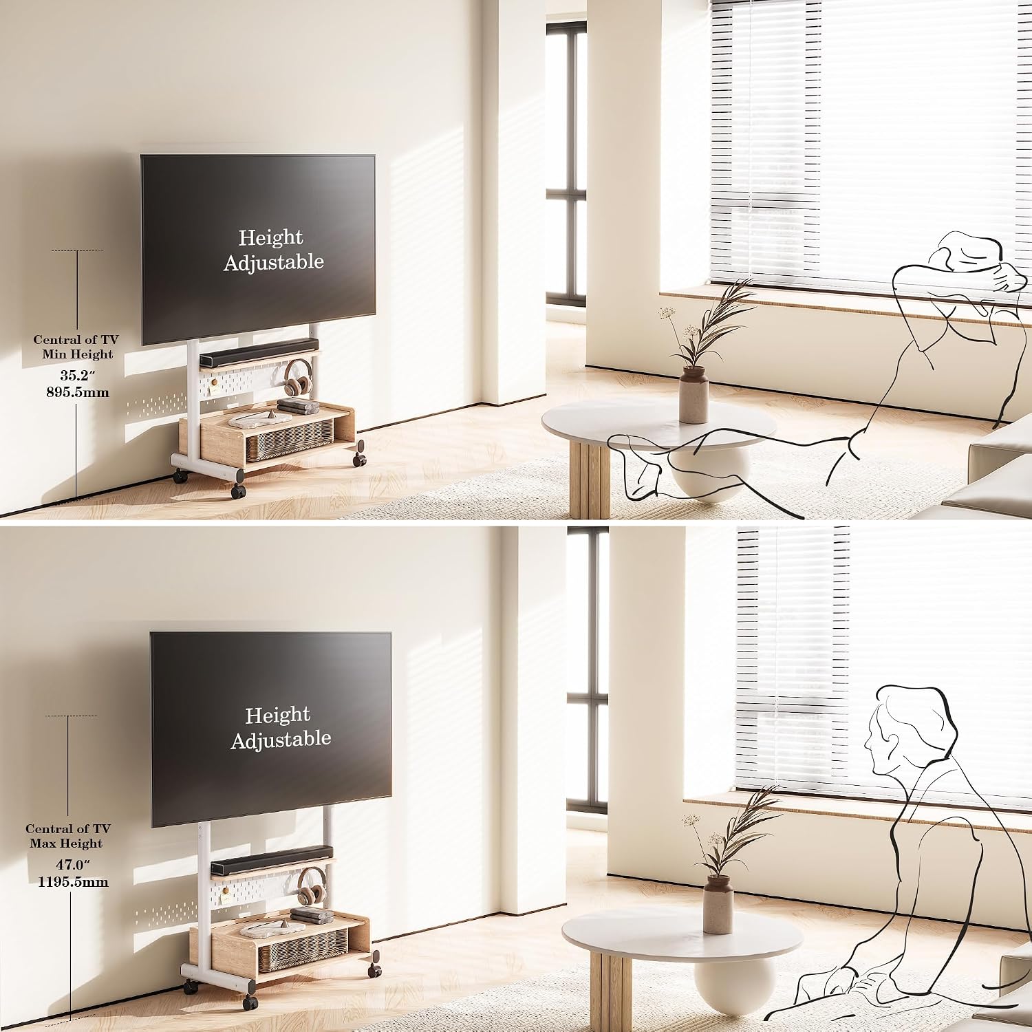FITUEYES Rolling TV Stand for 40–85 Inch TVs, White, Storage & Pegboard