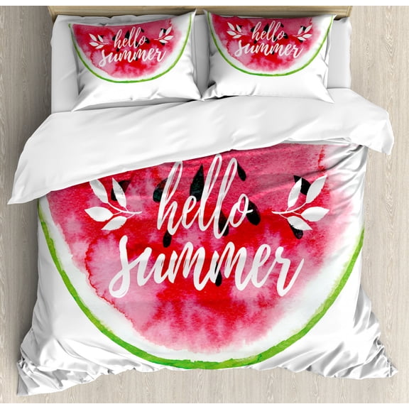 Lifestyle Duvet Cover Set, Watercolor Watermelon with Hello Summer Motivation Words Paint Print, Decorative 3 Piece Bedding Set with 2 Pillow Shams, Queen Size, Red and Green, by Ambesonne