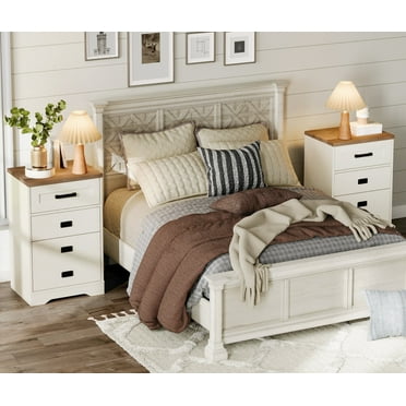WAMPAT 31.9" H Farmhouse Nightstand Set of 2,Solid Wood Side Table with 3 Drawers for Bedroom,Rustic End Table,Cream White