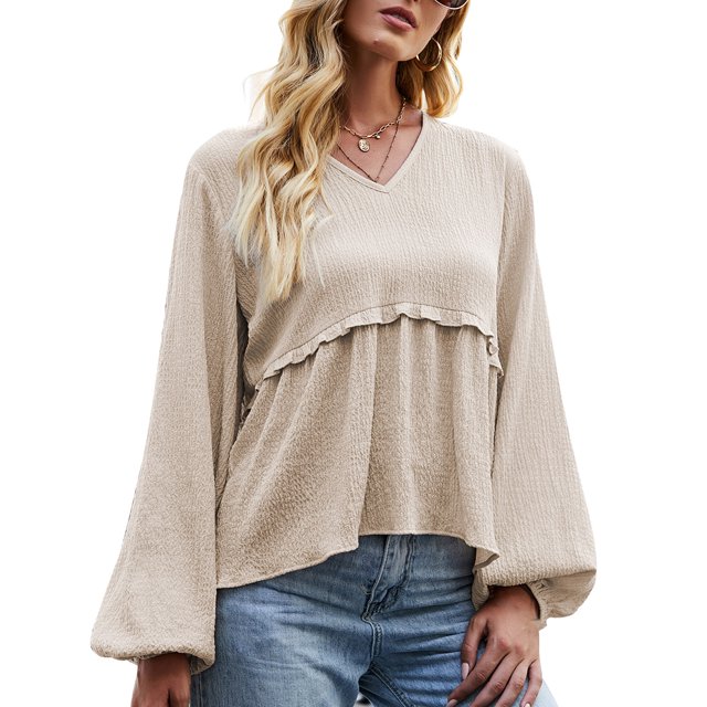 Blusa casual de mujer con volantes, manga larga de linterna, cuello en V, blusa boho, camisa Abanopi Medio