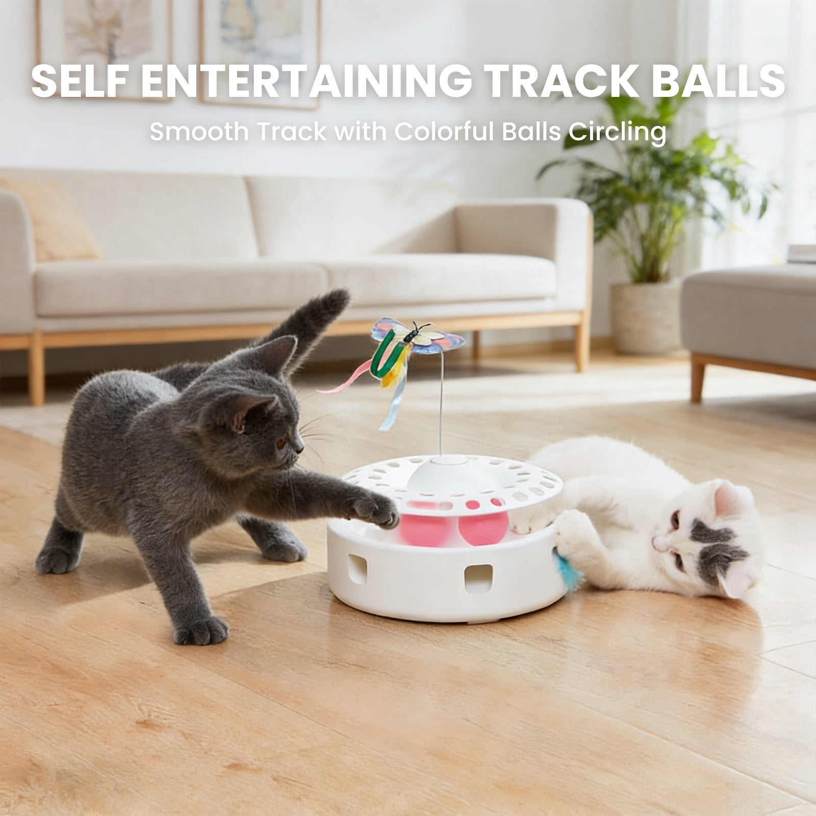 3 in 1 Automatic Interactive Cat Toys,Kitten Toy With Fluttering Butterfly, Moving Feather, Track Balls, Dual Power Supplies, USB Powered (White)
