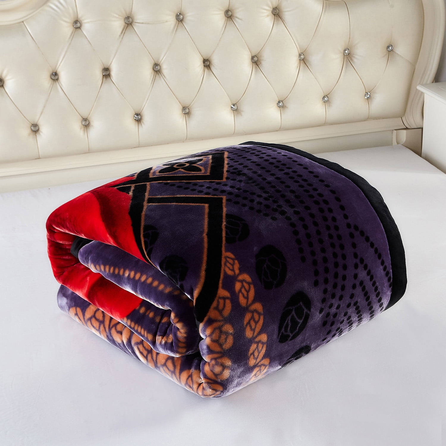 10lbs Heavy Thick A&B Pattern Blanket 2Ply Reversible - Thick Warm Plush Korean Style Bed Blanket, King Size Fleece Plush Blanket, Soft Winter Blanket For Adult 87" x 95", Black Purple & Rose