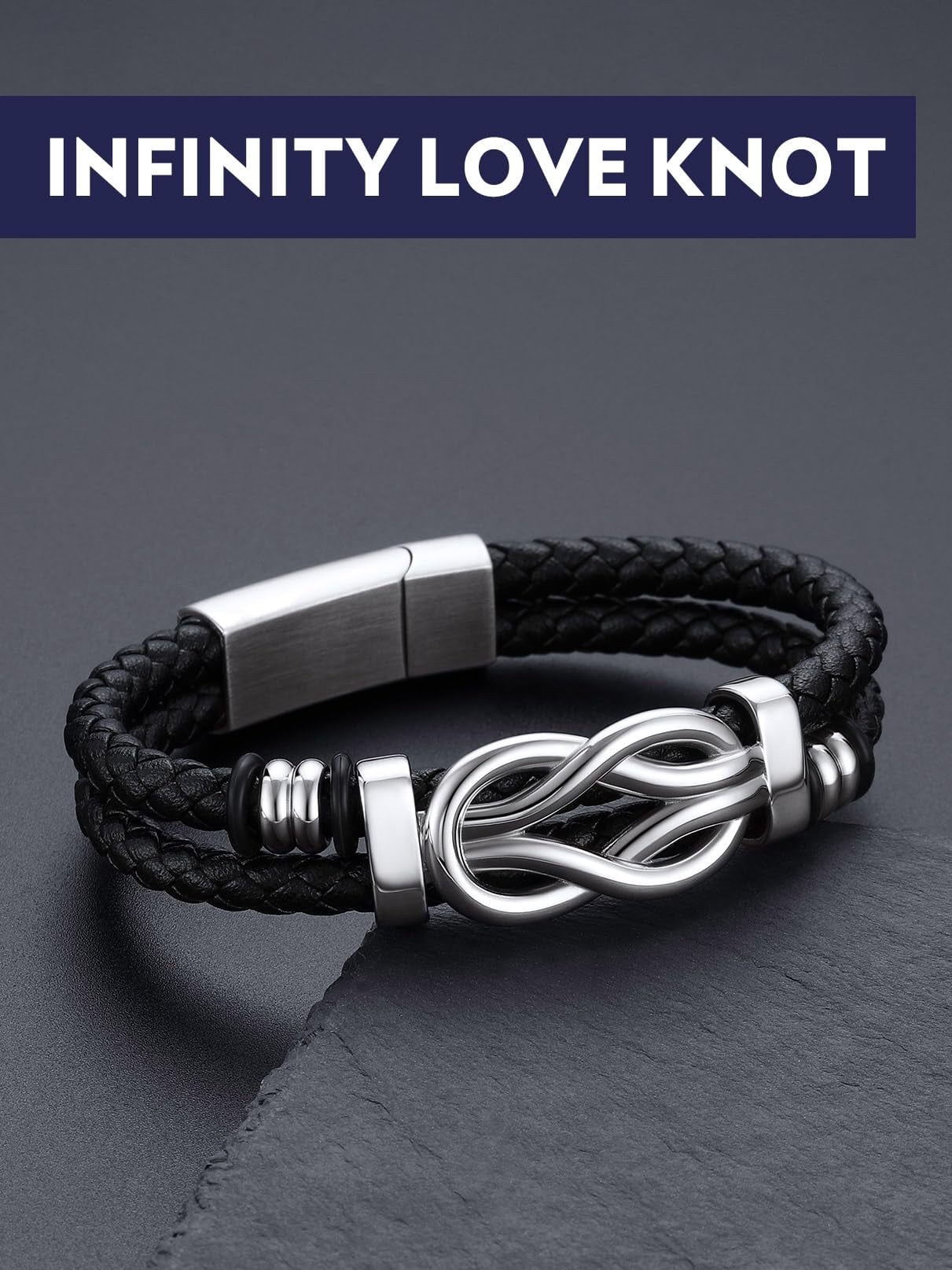 Bandmax 8.26'' Black Leather Bracelet for Men Infinity Knot Leather Cuff Love Link Bracelet Gift with Card for Your Man Boyfriend Valentine Father's Day Birthday
