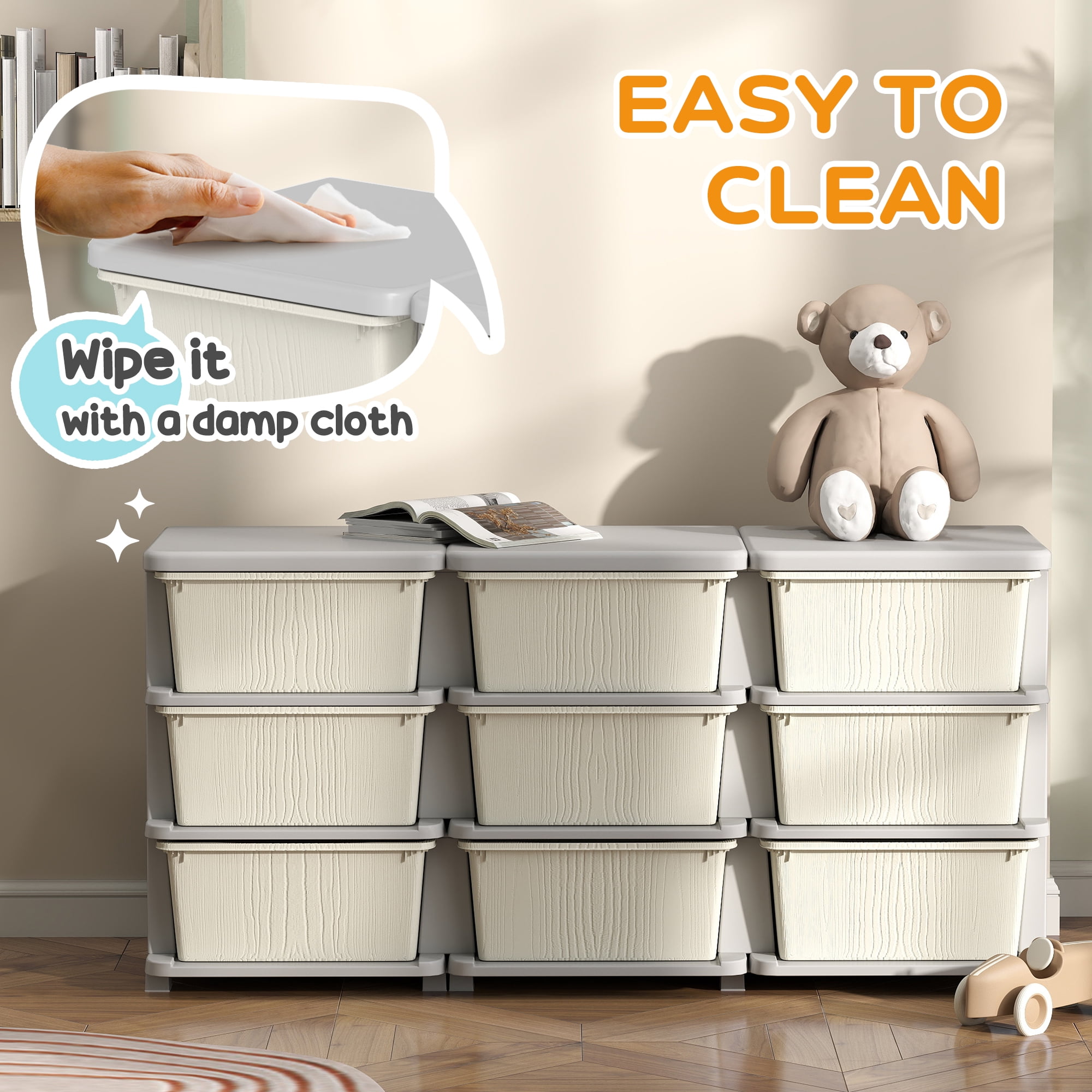 Qaba 3 Tier Kids Storage Unit w/ 9 Drawers Chest Toy Organizer Plastic Bins for Kids Bedroom Nursery Living Room for Boys Girls Toddlers, Cream White