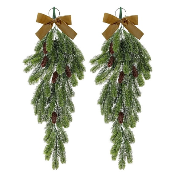 ievspot 2 Pcs Christmas Teardrop Swag Faux Pine Needles Swag with Pine Cones And Bow Artificial Hanging Greenery Garland for Home Decor