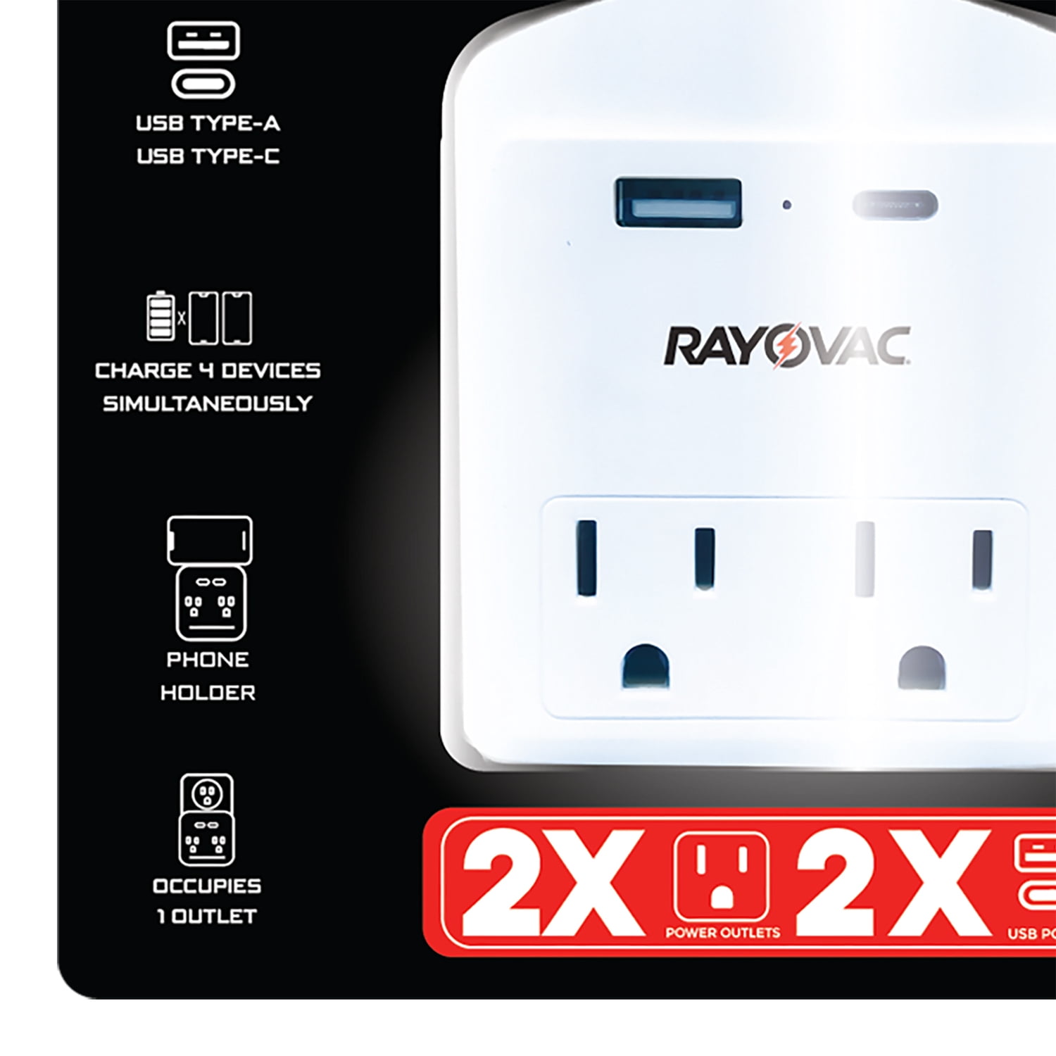 RAYOVAC Portable Surge Protector Wall Tap with Phone Holder, AC Outlets and 2 USB Ports (2 Outlet), SS-Q301C