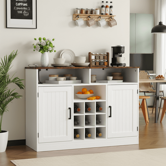 DIYART Farmhouse Buffet Cabinet with Prower Outlets, Rustic Sideboard Buffet with Wine Rack, Wooden Buffet Table for Dining Room, Antique White