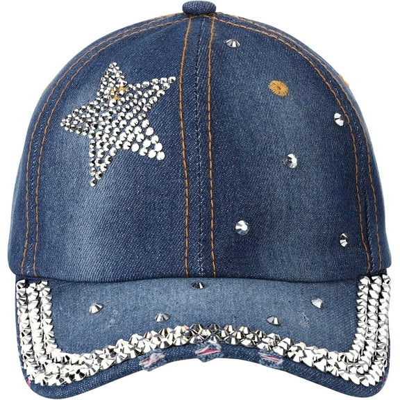 Bling Baseball Cap for Women Bejeweled Distressed Denim and Diamonds Hat Studded Rhinestone Cap