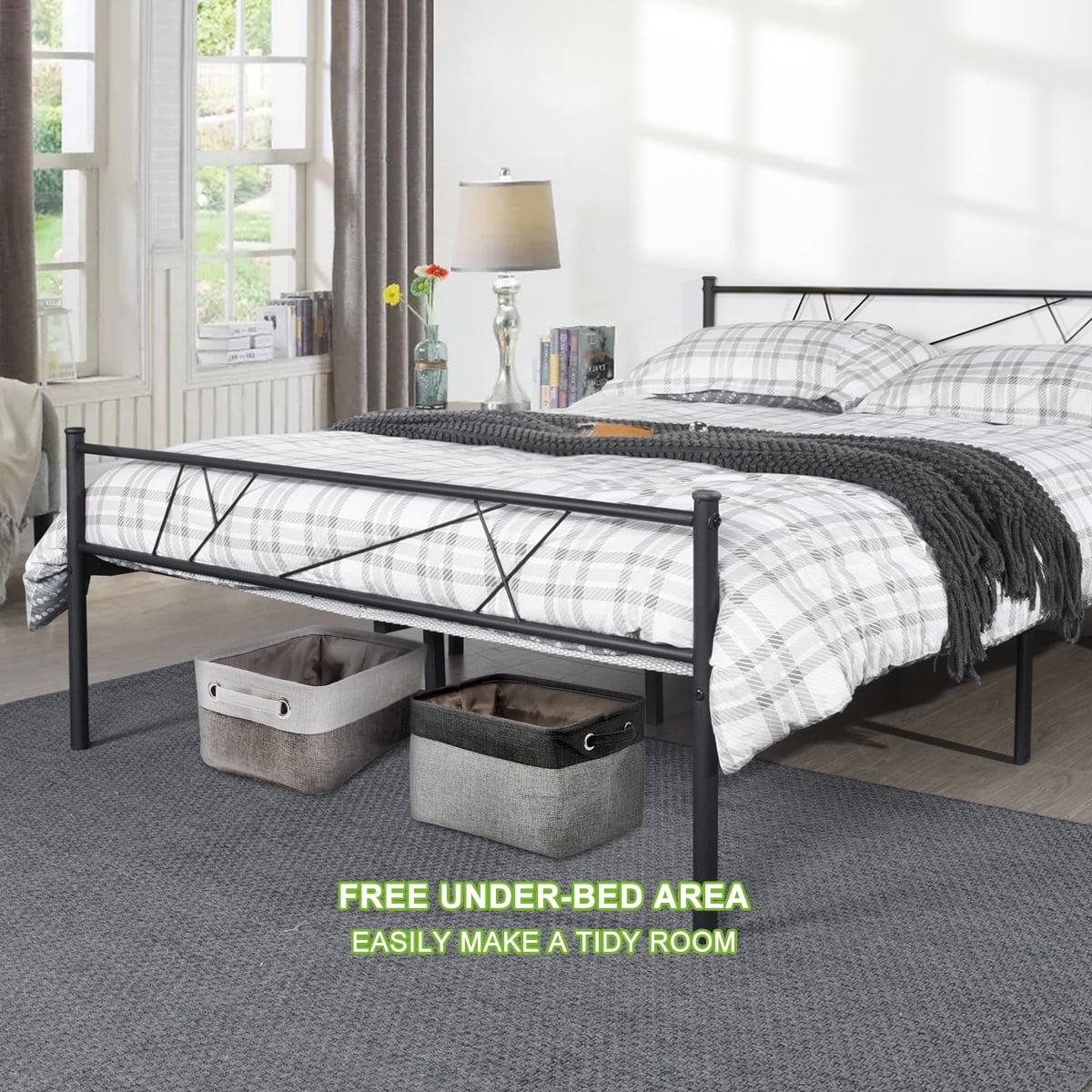 Geniqua Full Size Bed Frame Black Steel Platform Modern Headboard Footboard Foundation Tool Free Assembly No Box Spring Needed