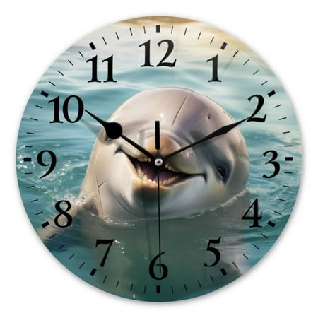 Non-Ticking Silent Wall Clocks Battery Operated Personalized Decor Clock for Bathroom,Office-Smiling Dolphin With Open Mouth In The Water(10inch)