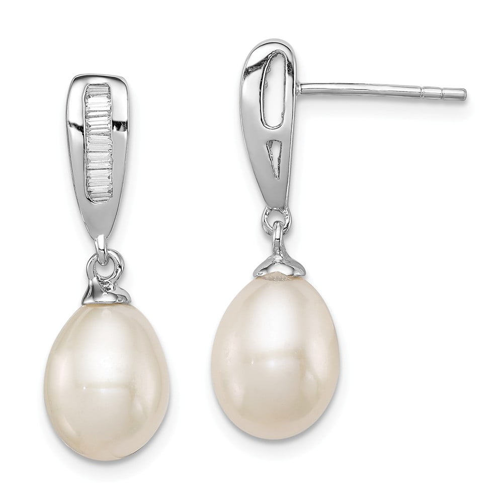 925 Sterling Silver Rh-plated 7-8mm White FWC Pearl CZ Dangle Earrings; for  Adults and Teens; for Women and Men