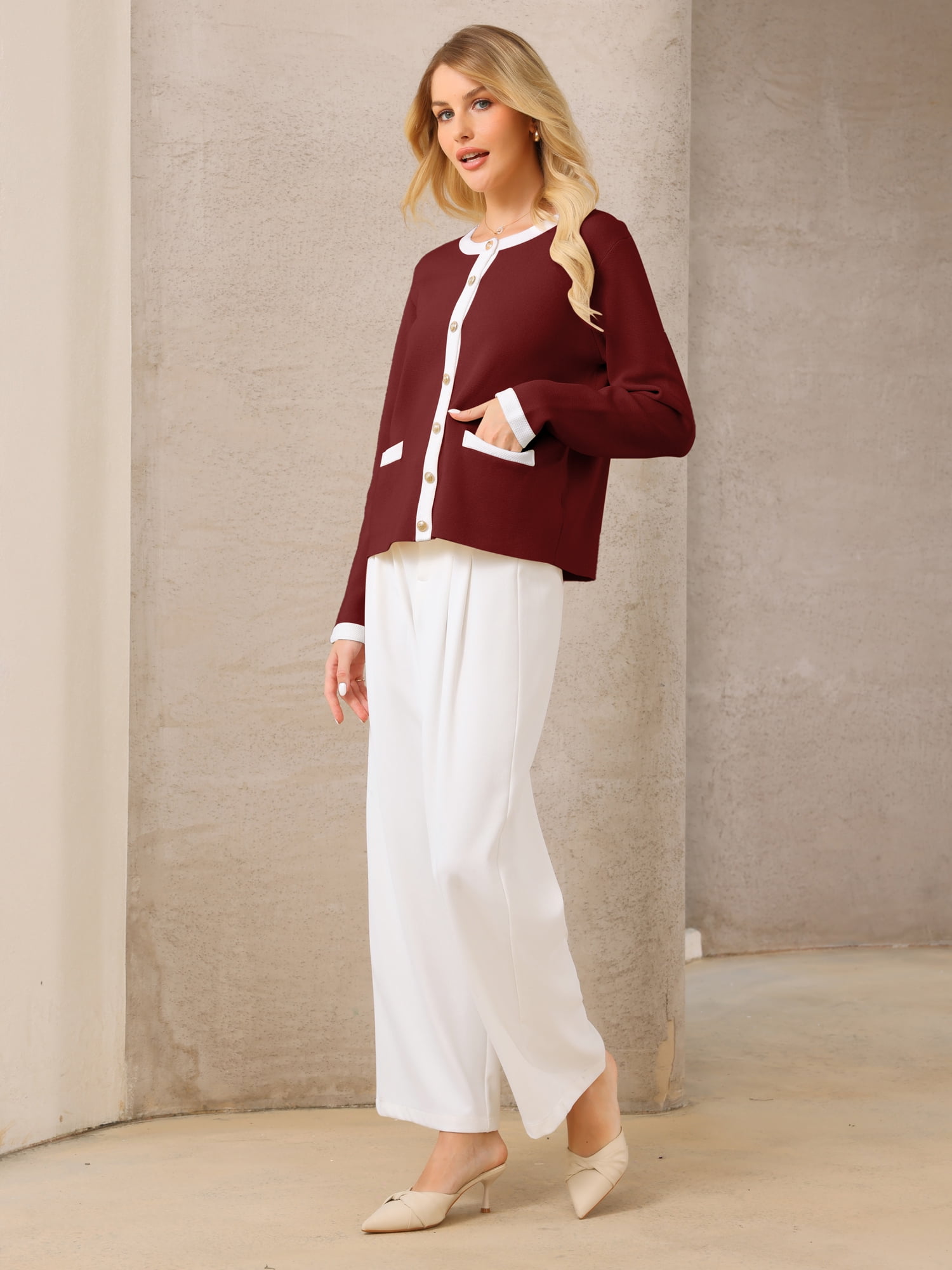 DARING DIVA Women's Contrast Color Long Sleeve Knit Cardigan Sweater XL Dark Red