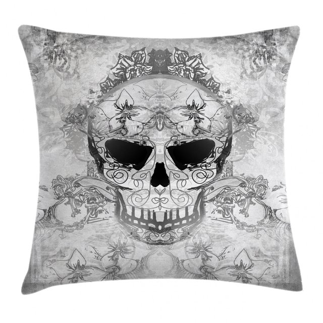 Day Of The Dead Decor Throw Pillow Cushion Cover, Skull with Oriental Paisley Decor Festive Celebration Print, Decorative Square Accent Pillow Case, 16 X 16 Inches, Light Grey and White, by Ambesonne