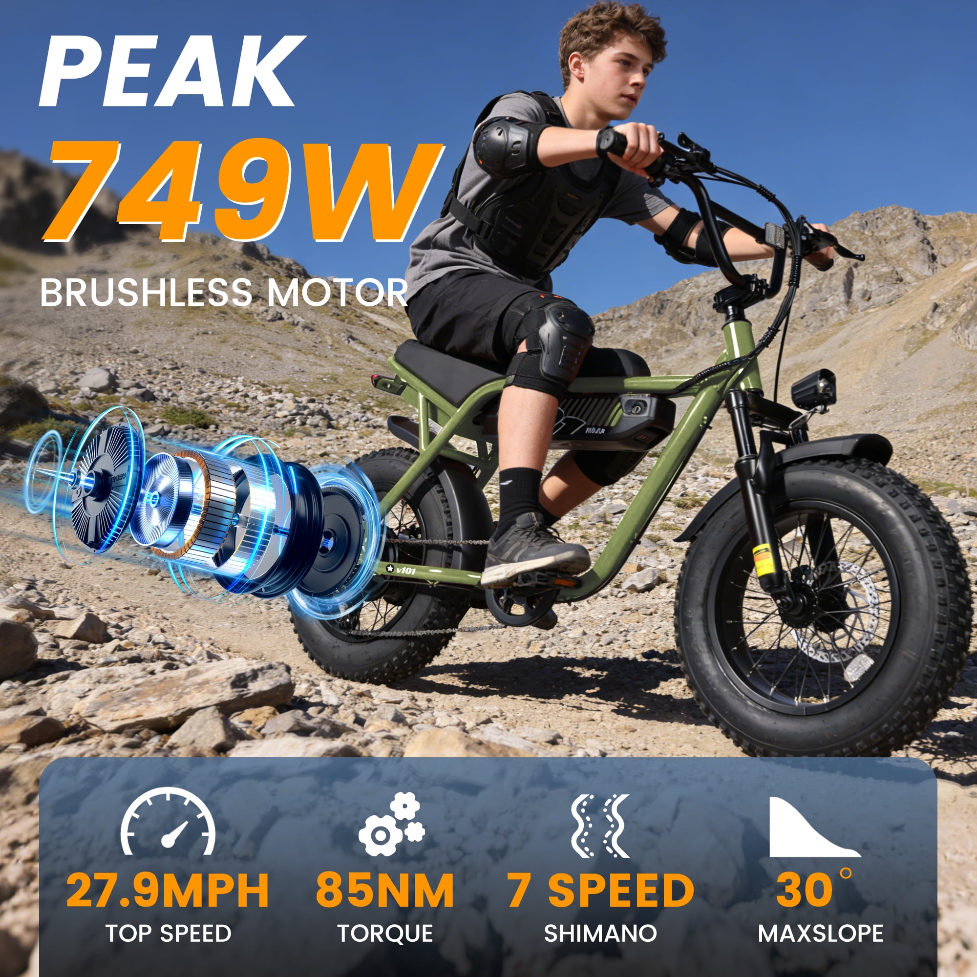 Adult & Teen Electric Bike – 750W Peak (1500W Max) Motor, 28 MPH, 48V 13Ah Battery, 16"x4.0" Fat Tires, 7-Speed, Front Suspension All-Terrain E-Bike, Green