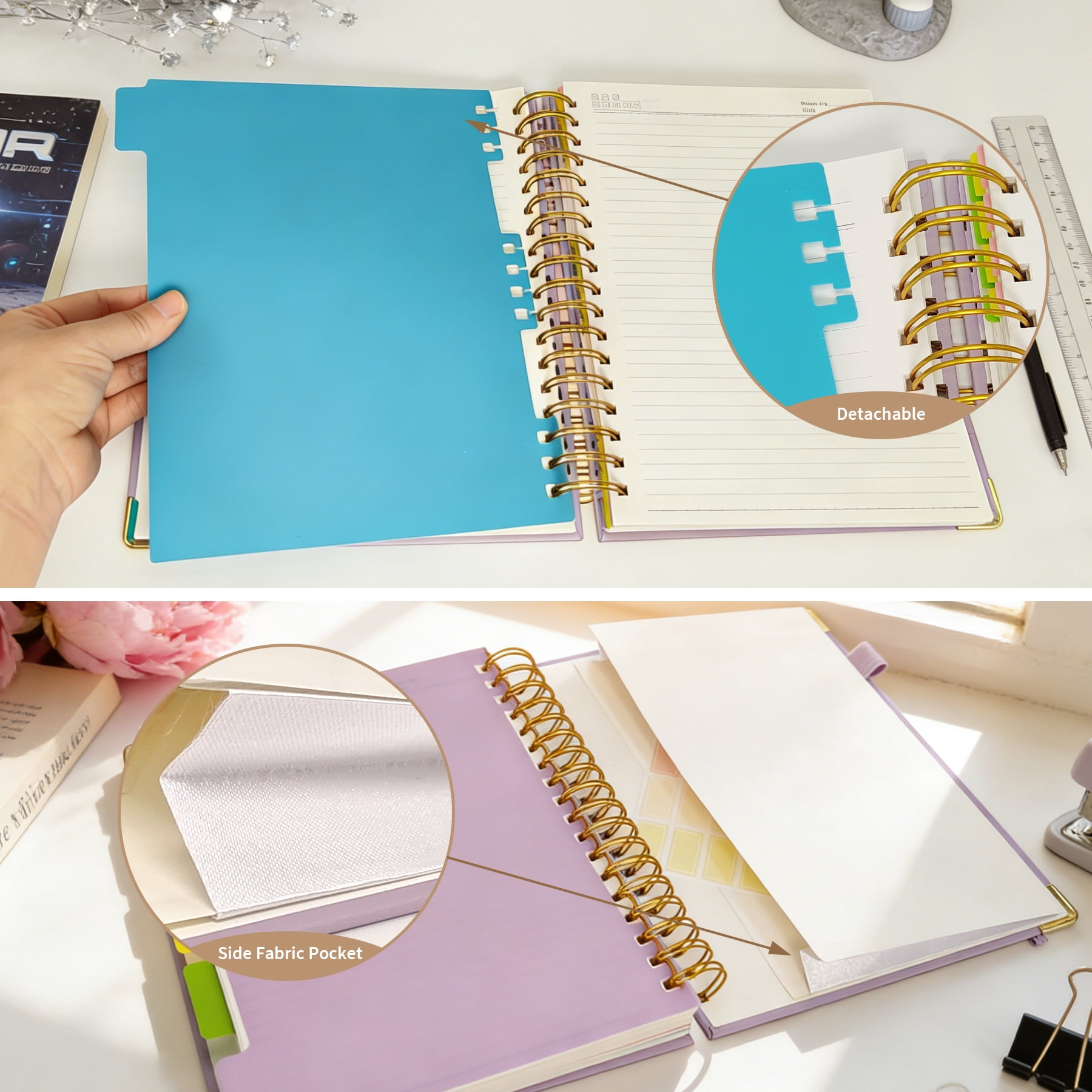 1Pack Hardcover Spiral Notebook with Tab, Ruler &  Removable Dividers, 300 Pages 8"x10" Large B5 Faux Leather Notebooks, 5 Subject Notebook College Ruled for Work, Home (Purple)