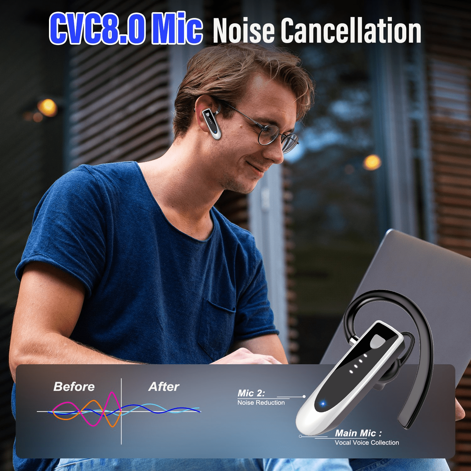 Bluetooth Headset V5.4, Single-Ear Wireless Earpiece with ENC Noise Canceling Mic, 20Hrs Call Time Handsfree Wireless Earbuds, 180 Hrs Standby Time Headphones for iOS Android /Office/Drivin
