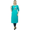 thumbnail image 3 of Bimba Women's Designer Peacock Feather Embroidered Cotton Aqua Blue Kurti - 6, 3 of 9