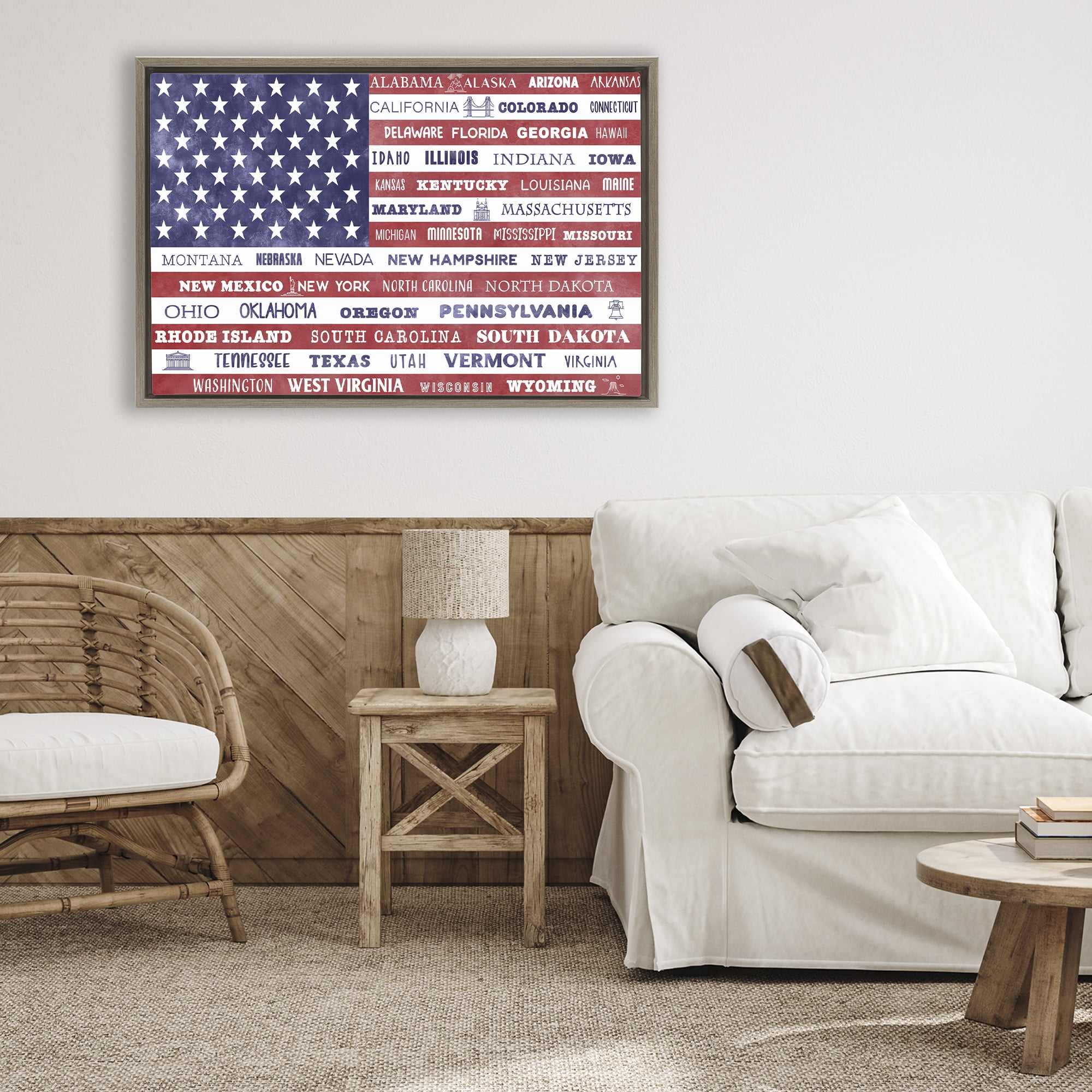 Stupell Industries States Of America Flag Brown Framed Floater Canvas Wall Art, design by Daniela Santiago