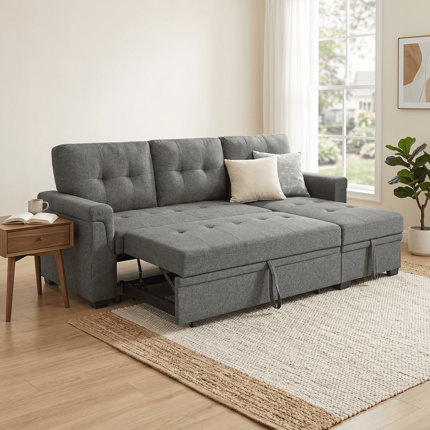 Convertible Sleeper Sofa Bed 86" L Shaped Sectional Couch with Pull Out Bed & Reversible Storage Chaise, Modern Linen Fabric Sofa Couch for Living Room Apartment (Gray)