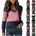 thumbnail image 2 of ZQGJB Fashion Color Block Sweatshirts for Women Lightweight Casual Plus Size V Neck Long Sleeve Fall Out Going T-Shirts Tops Loose Oversized Basic Pullover Blouse Pink XL, 2 of 5
