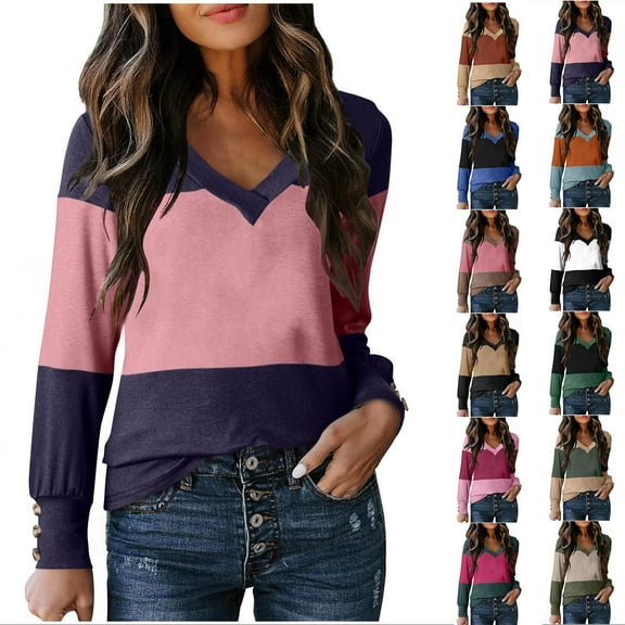 Ashirexll Long Sleeve Shirts for Women Casual Winter Tops Color Block Printed V-Neck Pullover Decorative Winter Clothes