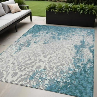 HomeRoots 590131 5 x 8 ft. Medallion Washable Indoor & Outdoor Rectangle Area Rug, Teal Blue, Gray & Ivory